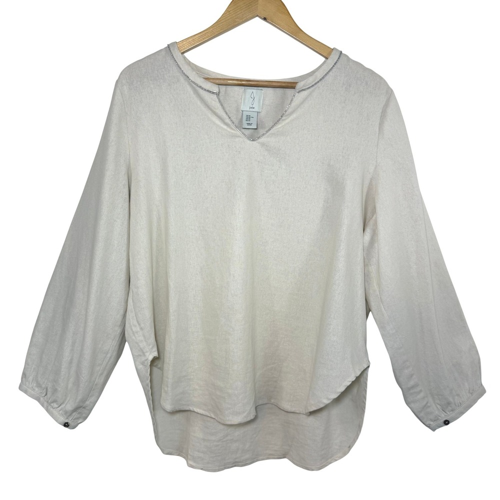 Joie Linen Blend Blouse Top Ivory Metallic Trim Coastal Boho Minimalist XL
